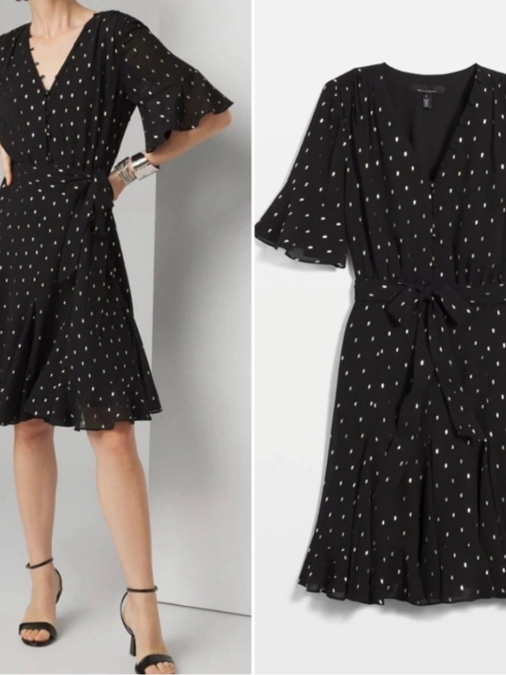 White House Black Market Black Gold Dot Wrap Dress Size 8 Flutter Sleeve